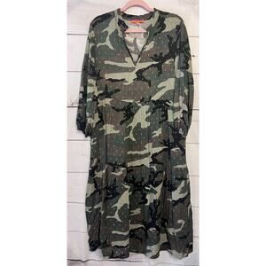 Vilgallo Long Sleeve Camo Print Maxi Dress Size 44 Gold Detailing Ruffle Collar